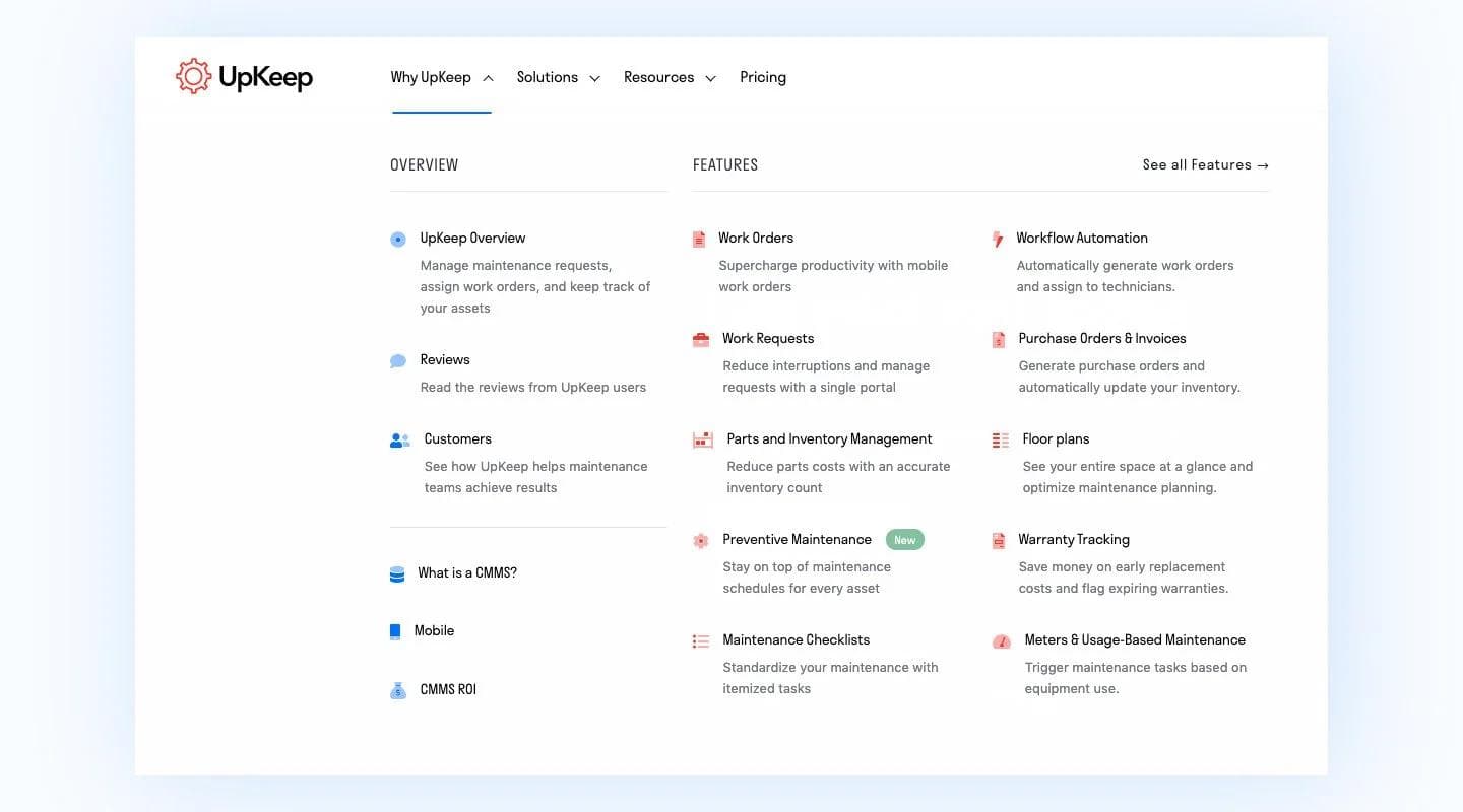 upkeep-mega-menu UpKeep mega menu, UX design