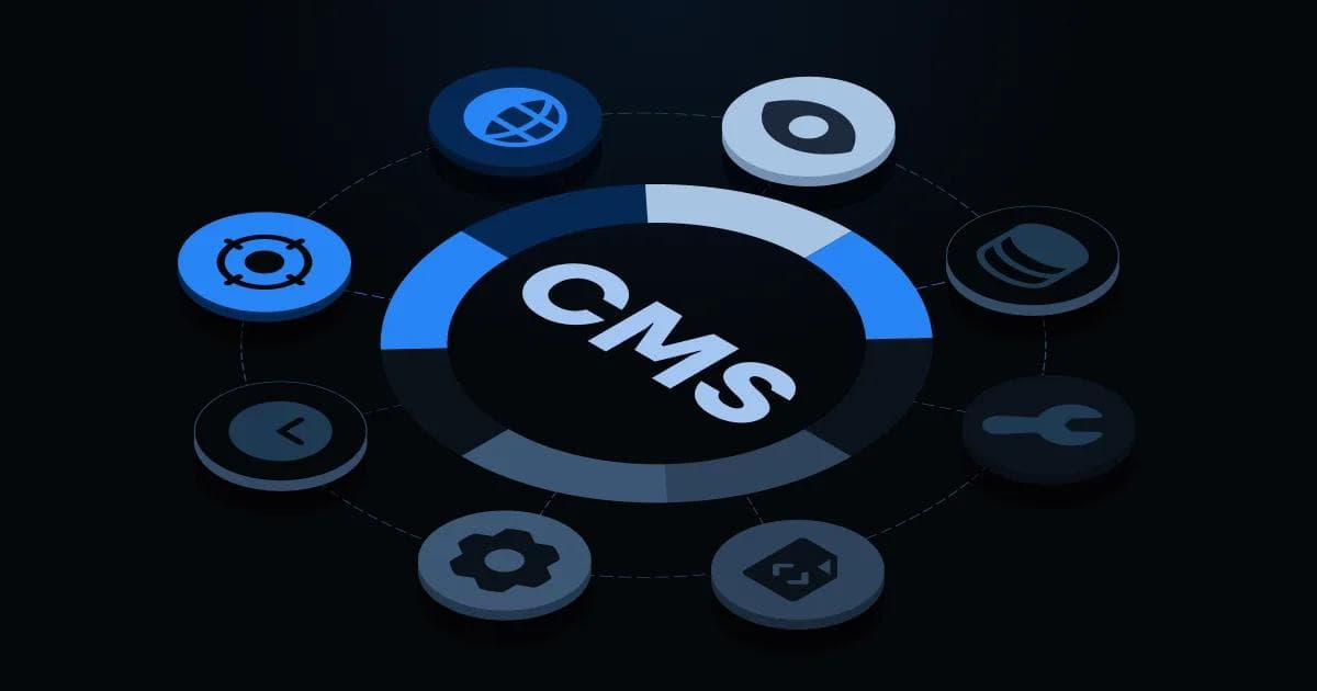 Graphic illustrating a circular diagram with "CMS" at the center and various icons representing features or tools around it.