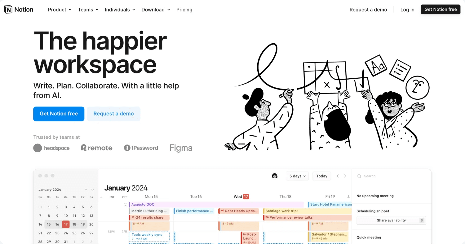 notion homepage Illustration of people collaborating in an organized workspace, highlighting planning and task management features.