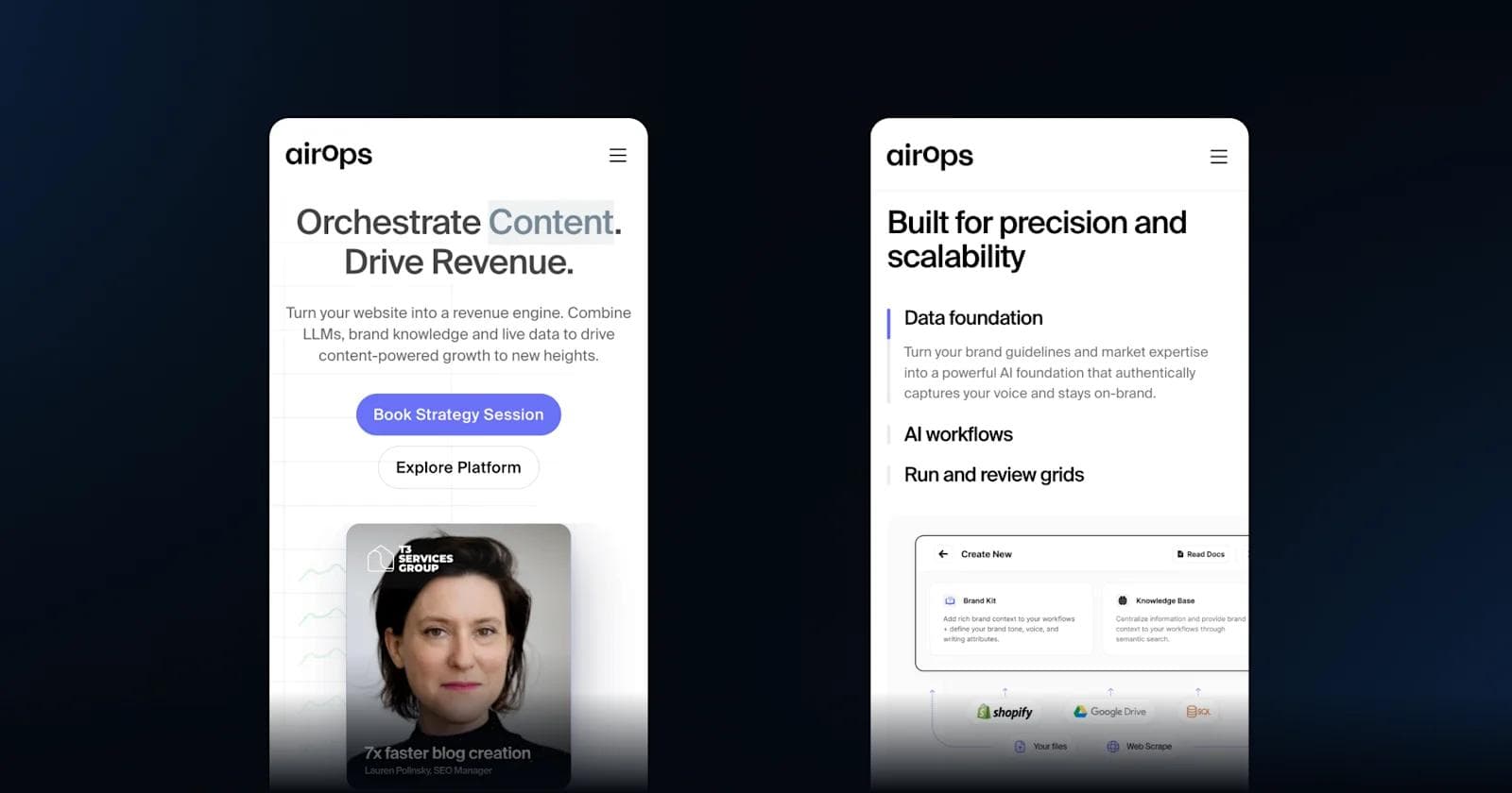 airops lp Mobile app interface showcasing airOps features for content orchestration and AI-driven workflows.