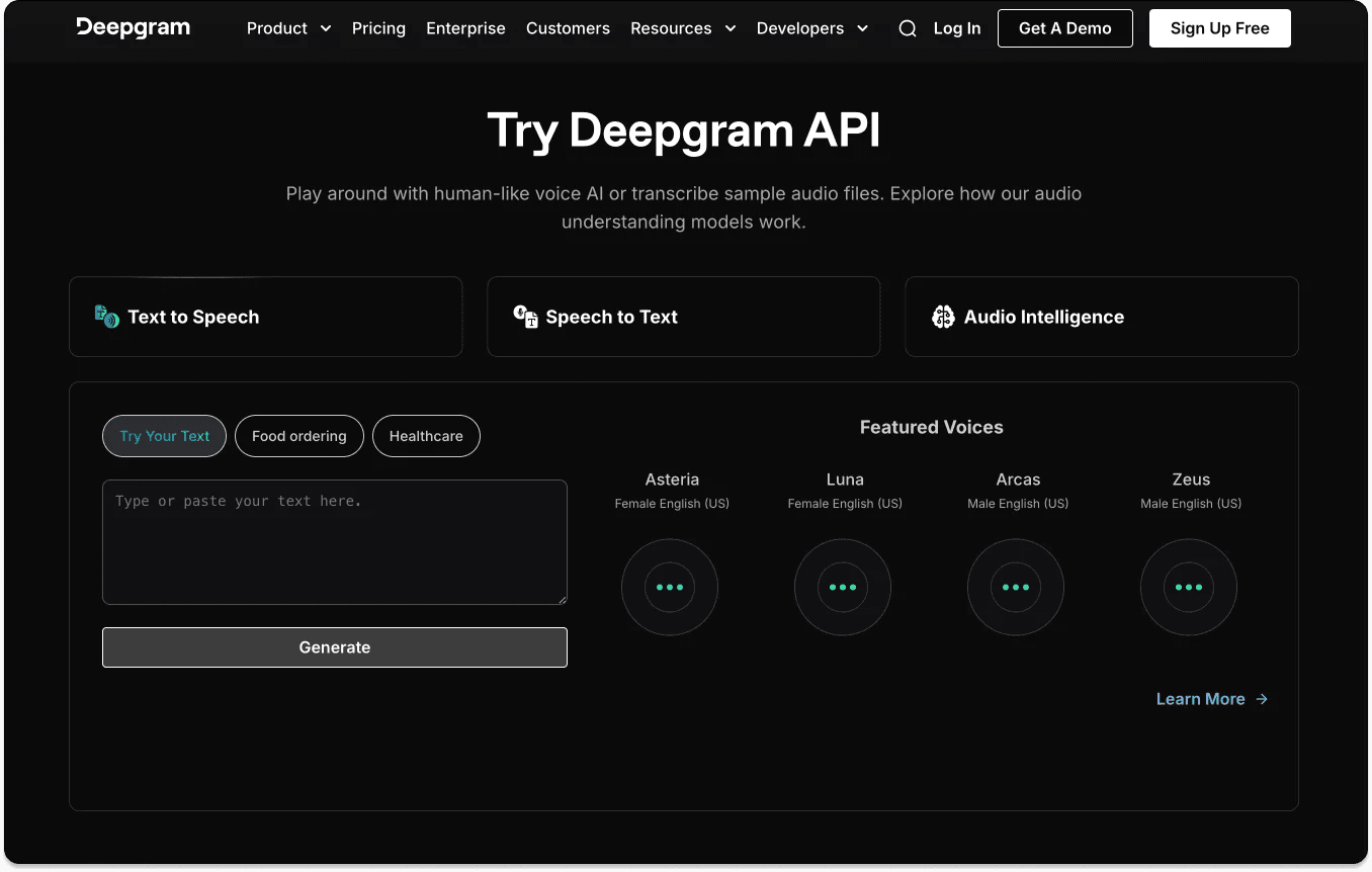 deepgram-demo Deepgram API interface showcasing text-to-speech and audio intelligence features with voice options.