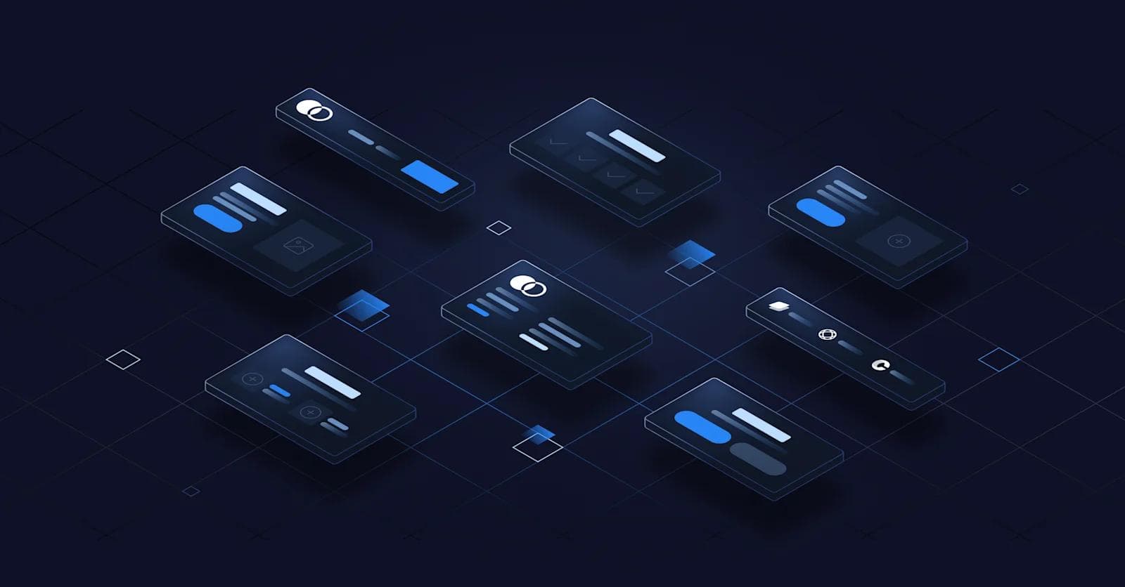 A collection of sleek, modern UI elements on a dark grid background, showcasing buttons and input fields.