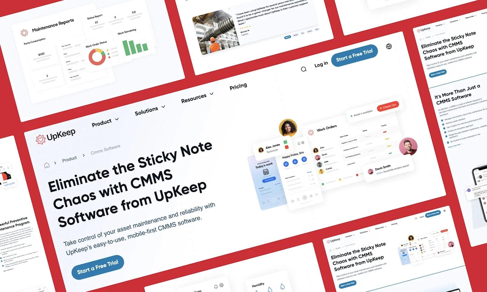 UpKeep navigation menu Webpage design for UpKeep, showcasing CMMS software features and user testimonials on a vibrant red background.