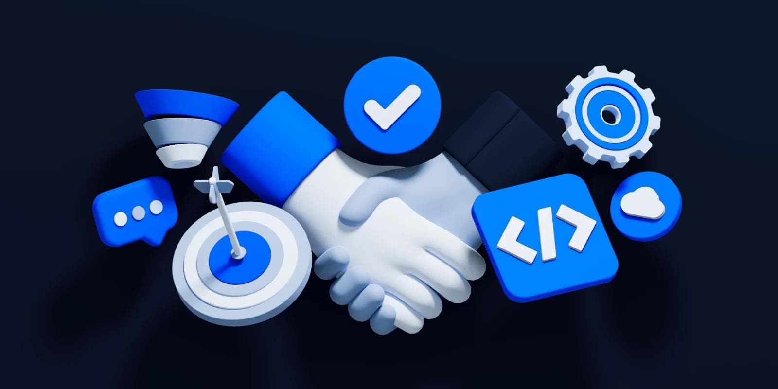 A 3D illustration of a handshake surrounded by various blue digital icons representing communication and technology.