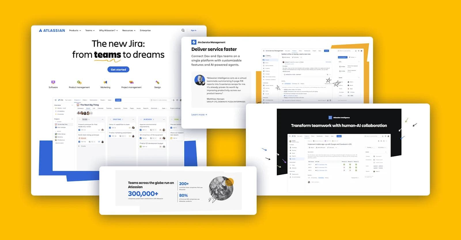 Atlassian-Image Collage of Atlassian's Jira interface and features showcasing teamwork and collaboration on a vibrant yellow background.