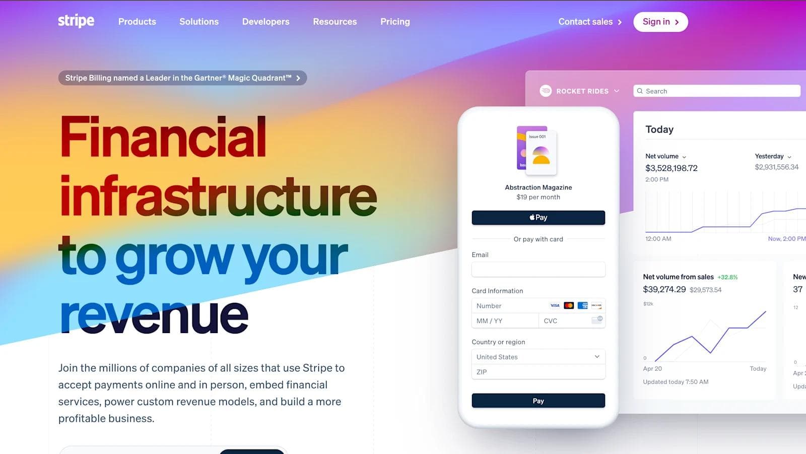 stripe modern design Stripe website showcasing financial infrastructure with a payment form and revenue analytics.