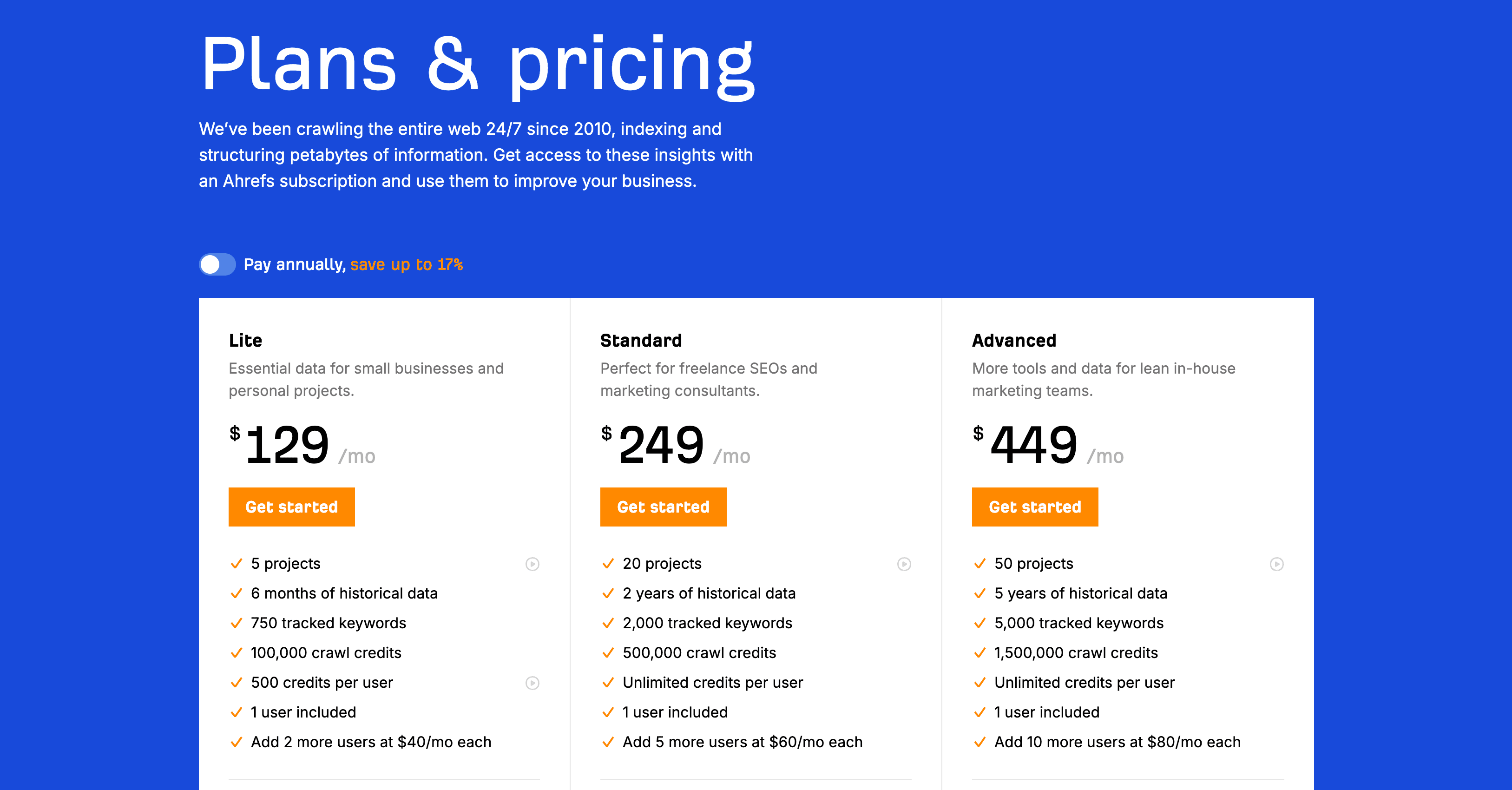 Pricing plans for Ahrefs: Lite, Standard, and Advanced options with features and monthly costs displayed.