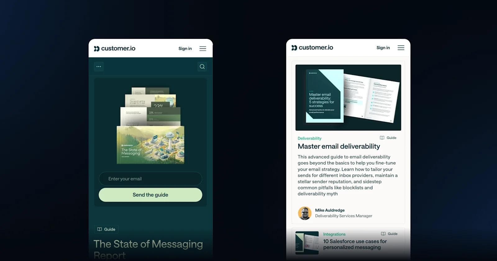 customer io lp A split-screen view of a mobile app showcasing email deliverability guides and report sign-up options.