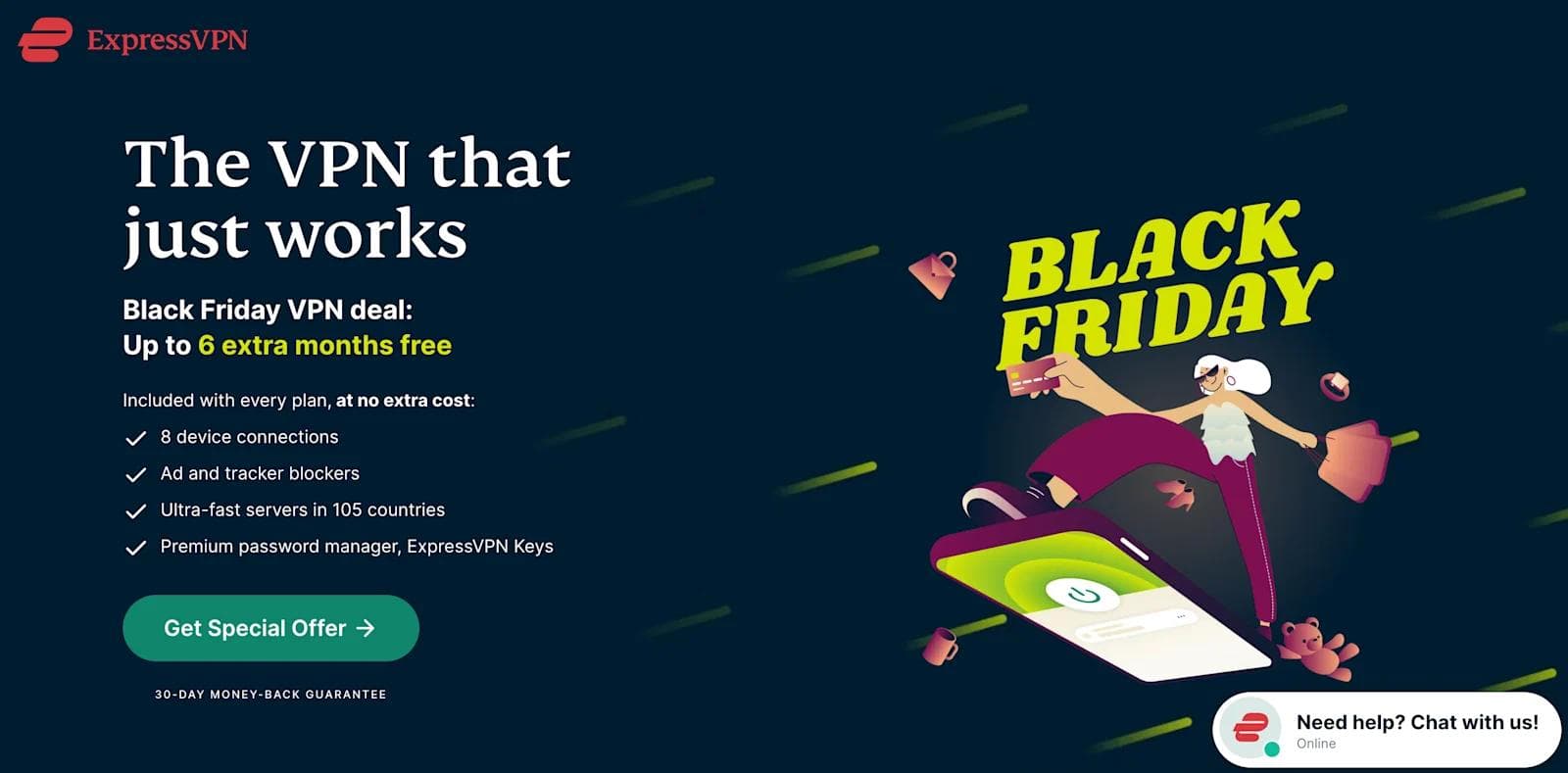 Express VPN Landing Page Black Friday ExpressVPN promotion offering up to 6 extra months free with various features highlighted.