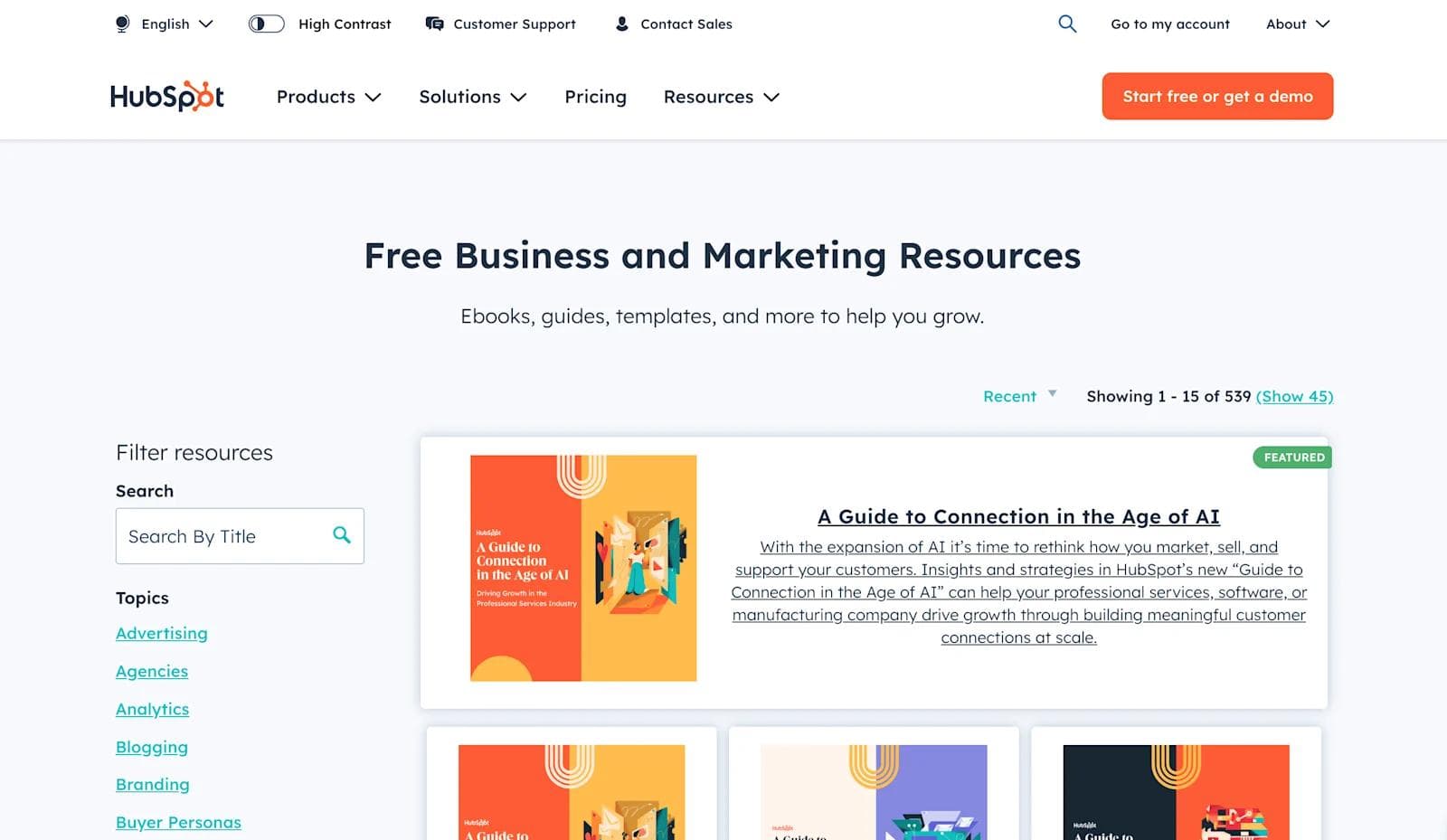 hubspot resources HubSpot resource page featuring marketing ebooks, guides, and templates for business growth.