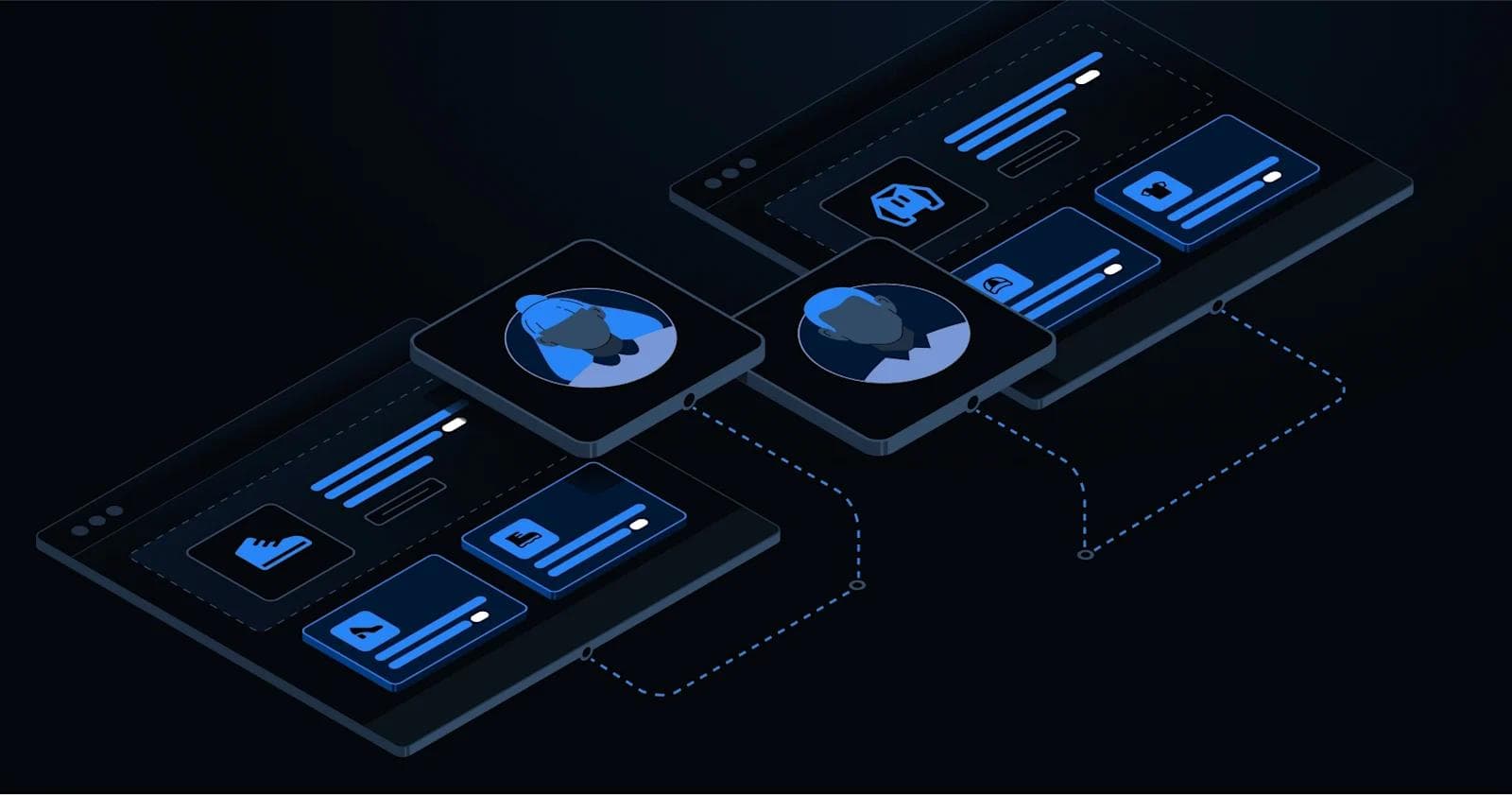 Two digital interfaces with user profiles and graphical elements connected by dotted lines on a dark background.