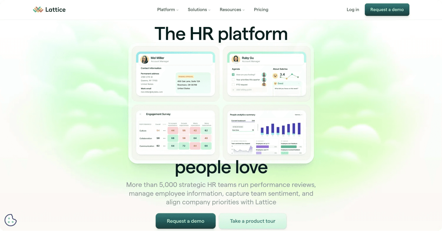 lattice homepage HR platform dashboard showcasing employee data, analytics, and engagement surveys with a clean, green background.