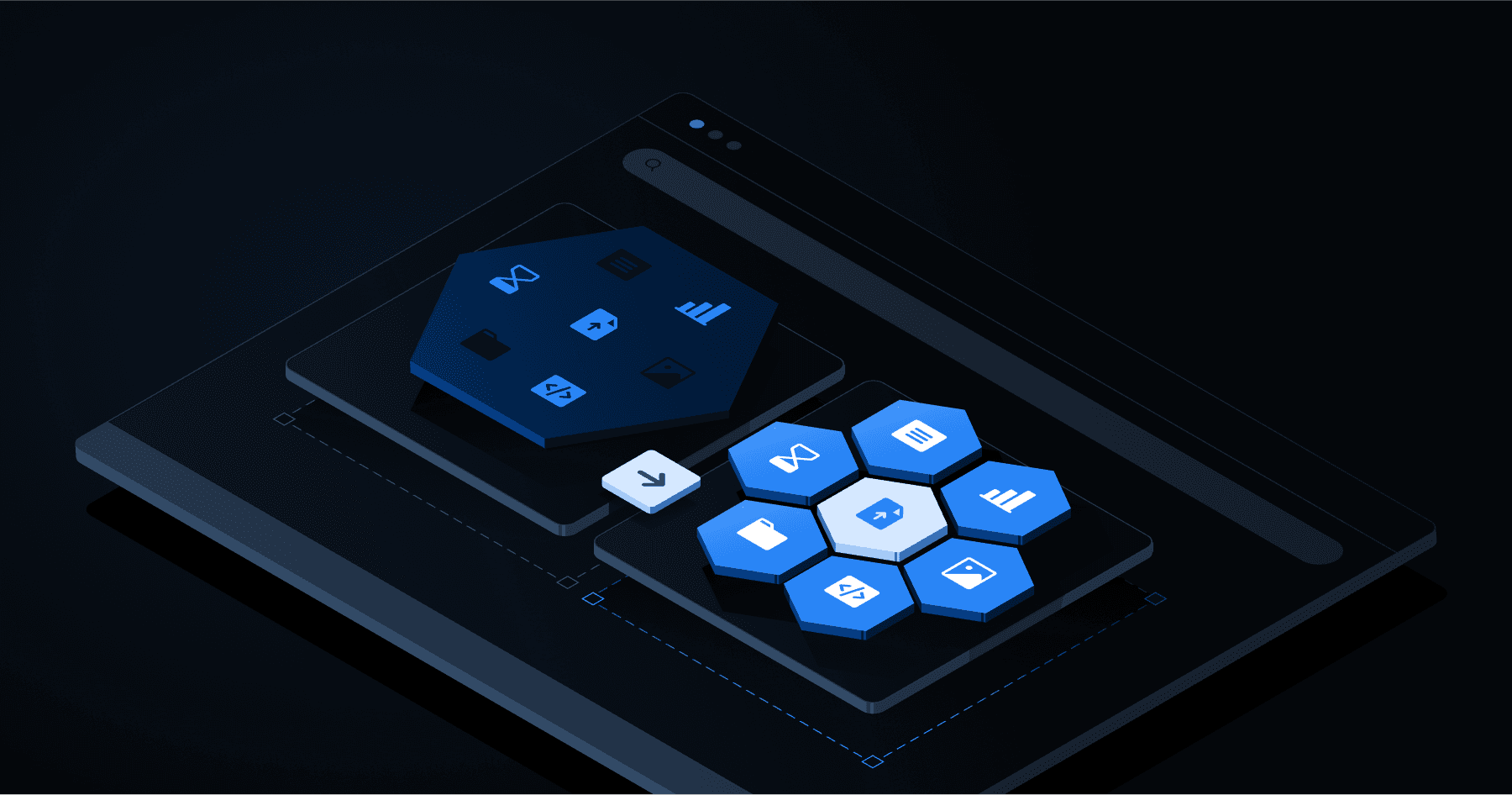 A digital interface featuring blue geometric buttons and icons on a dark background, suggesting a tech or software design.