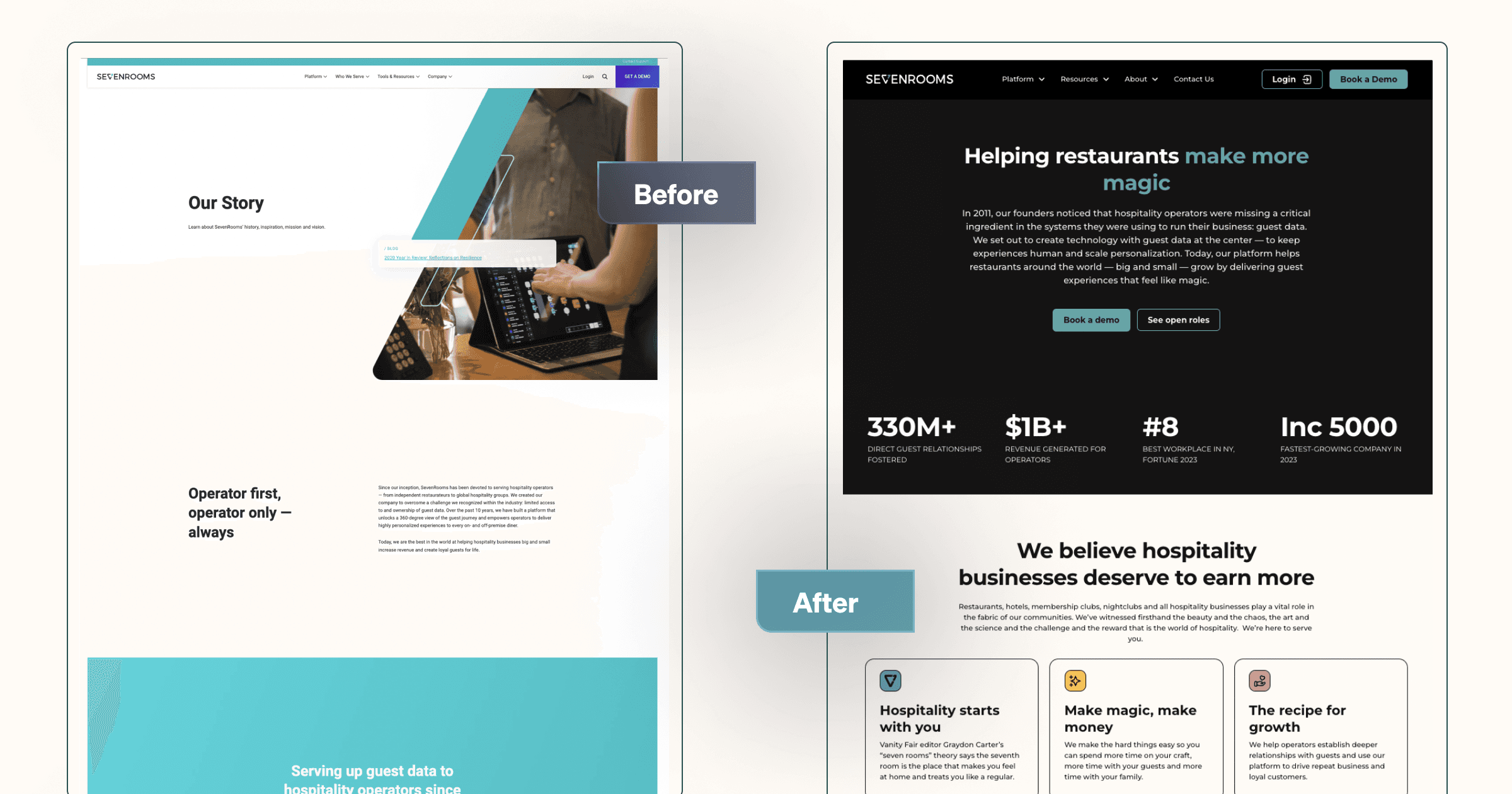 Before-and-after comparison of a restaurant technology website highlighting design and messaging improvements.