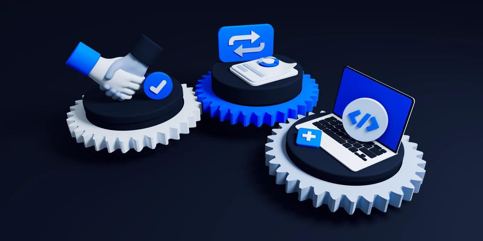Three gears feature icons symbolizing partnership, document exchanges, and programming on a dark background.