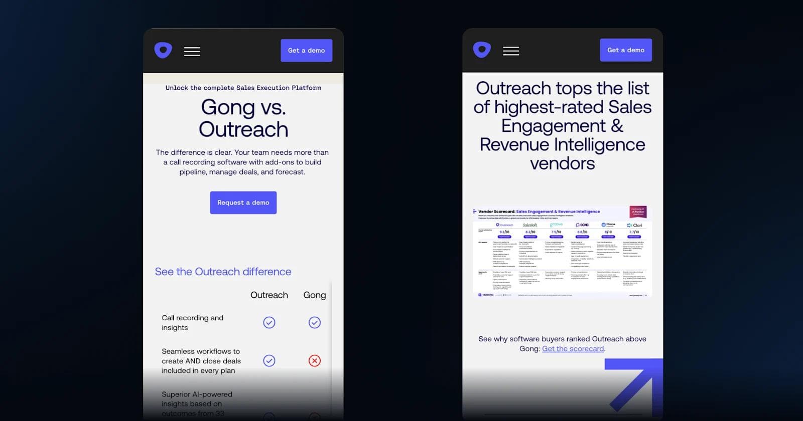outreach lp Mobile screen showcasing a comparison of Gong and Outreach sales platforms with a demo request button.