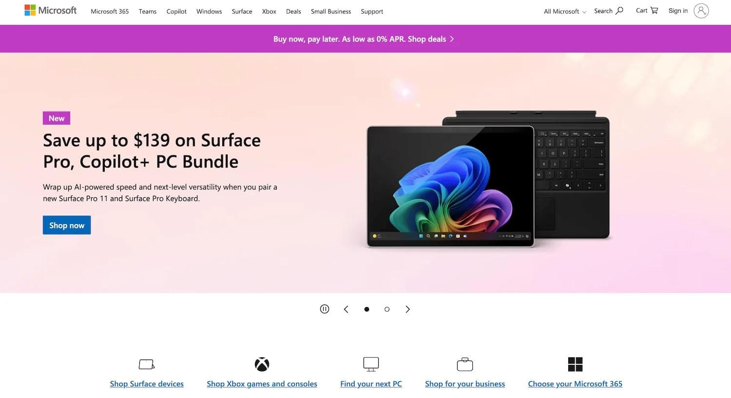 microsoft homepage Microsoft ad promoting savings on Surface Pro bundle, featuring a Surface Pro tablet and keyboard against a colorful background.