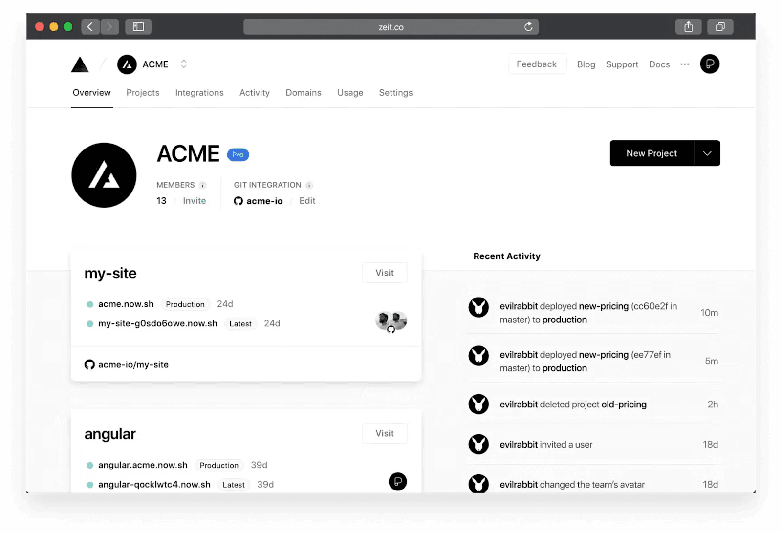 vercel-dashboard ACME project overview page with member activity, including deployments and site details.