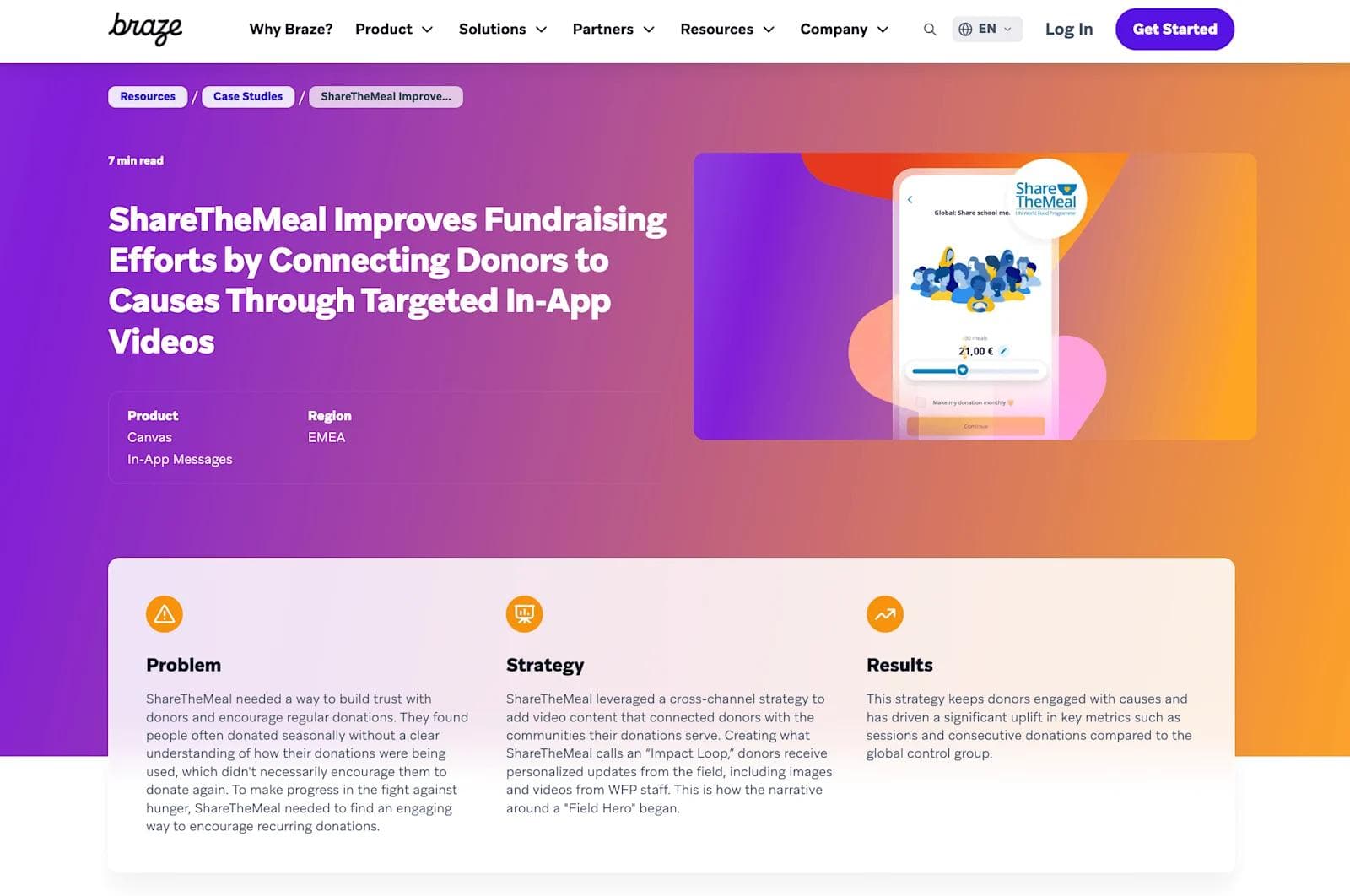 braze case study ShareTheMeal's case study highlights improved donor engagement via targeted in-app videos and personalized updates.