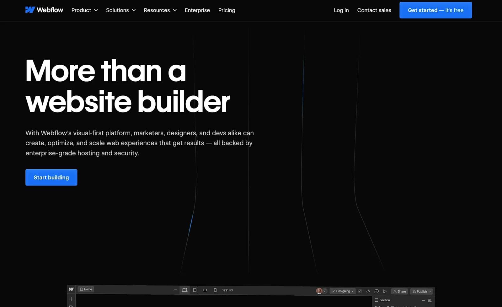 webflow website Homepage of Webflow showcasing its features as a visual-first website builder with a call-to-action button.