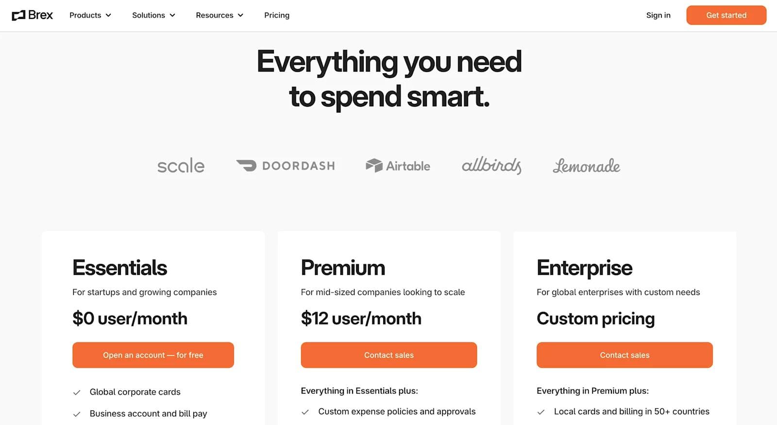 brex-pricing Brex pricing plan overview featuring Essentials, Premium, and Enterprise tiers with respective features and costs.