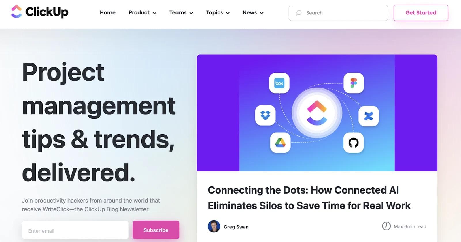 ClickUp-blog-design-example ClickUp webpage showcasing project management tips, featuring a blog post on AI's role in enhancing productivity.