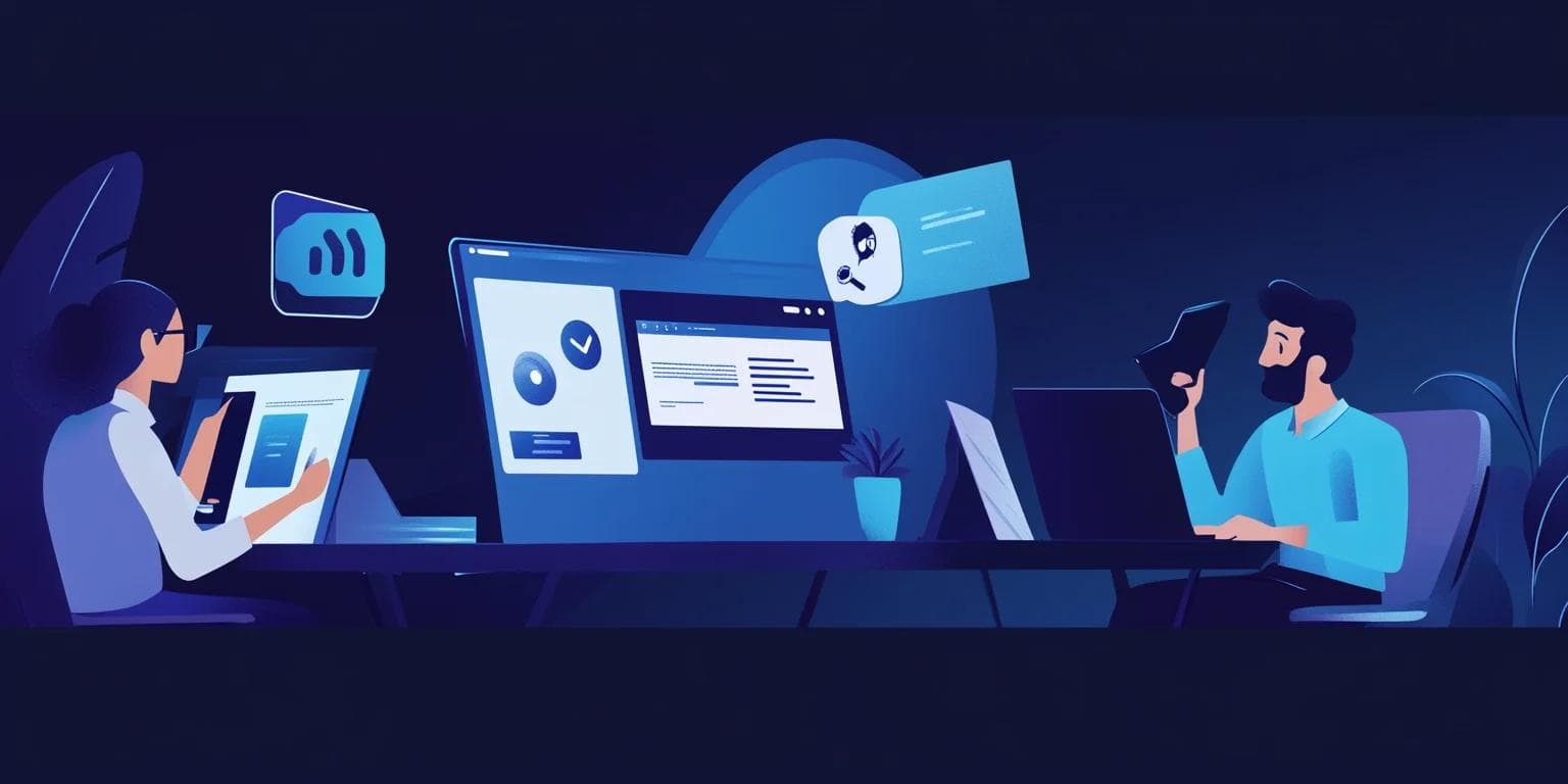A digital workspace with two people using devices, surrounded by various screens and informational graphics.
