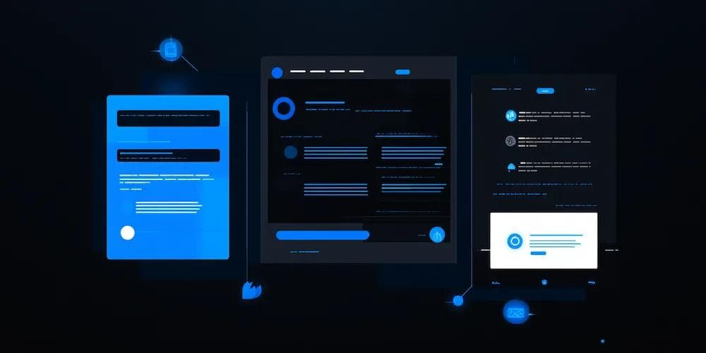 Three digital screens displaying dark-themed user interface designs with blue accents and various content layouts.