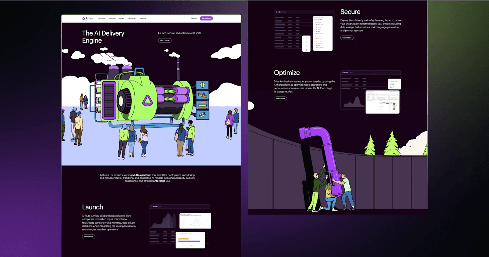 Arthur AI Illustration of an AI delivery engine with people engaging with it and monitoring data on a dark-themed website layout.