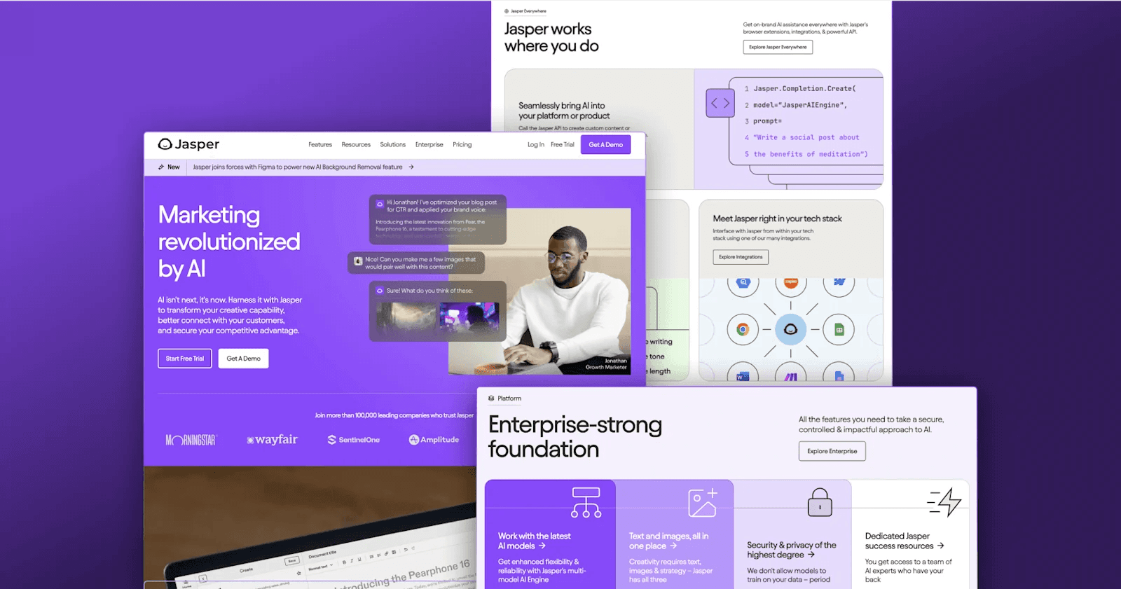 Jasper Screenshot of the Jasper website showcasing AI marketing solutions with user interface elements on a purple background.