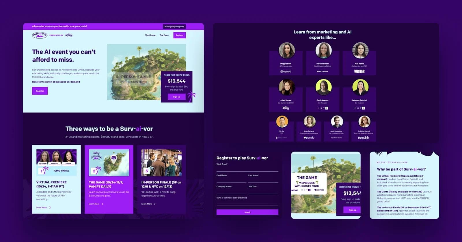Mutiny - SurvAIvor Main Landing Page Promotional webpage for an AI event featuring panels, a game, and registration for in-person and online participation.