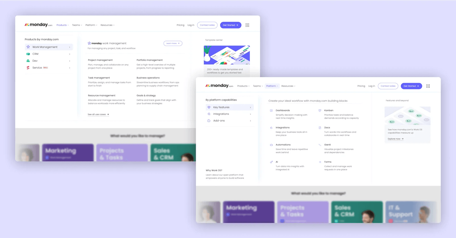 Monday-mega-menu Screenshot of monday.com features including work management, task management, and resource management options.