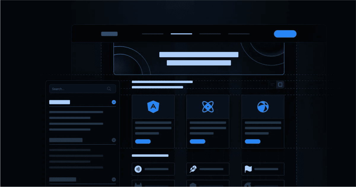 Dark-themed user interface featuring a sidebar, icons, and search bar with blue accents.