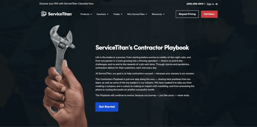 Website homepage for ServiceTitan featuring a hand holding a wrench, promoting their Contractor Playbook for business success.