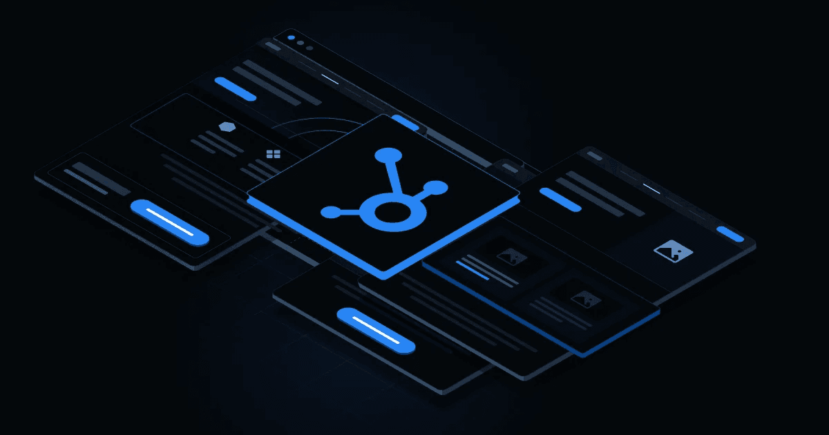 Abstract digital interface with dark background, featuring interconnected icons and glowing blue elements.