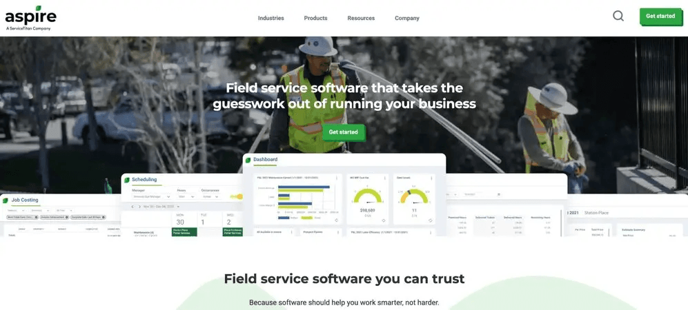 Field service software homepage showcasing scheduling and job costing features with workers in the background.