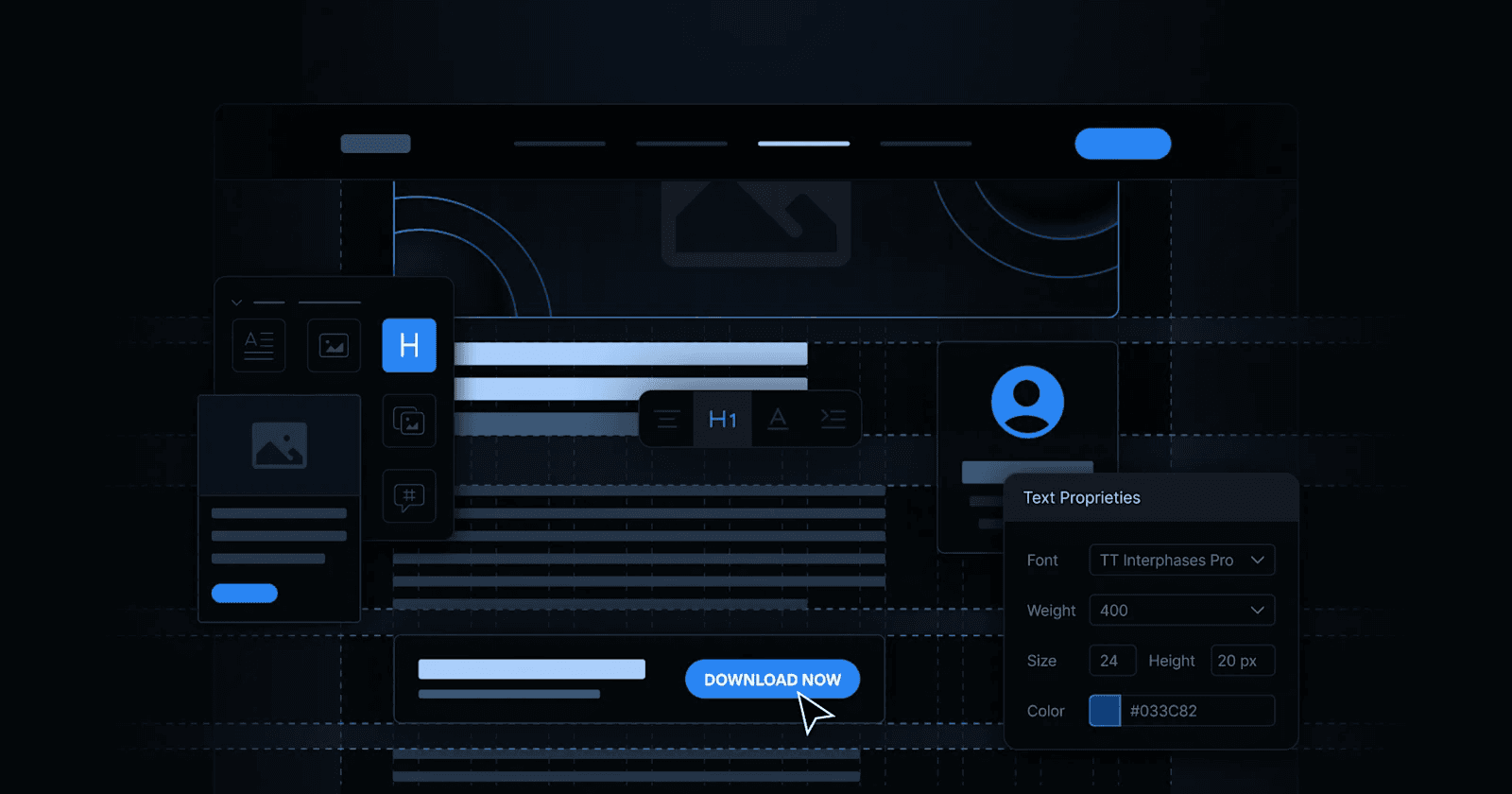 A dark interface displaying design elements, including text properties, buttons, and image placeholders.