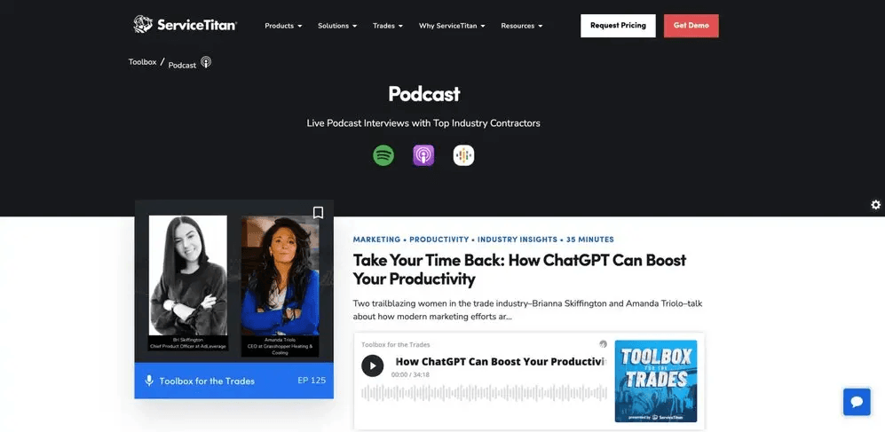 Podcast page featuring interviews with industry leaders, discussing productivity through ChatGPT.
