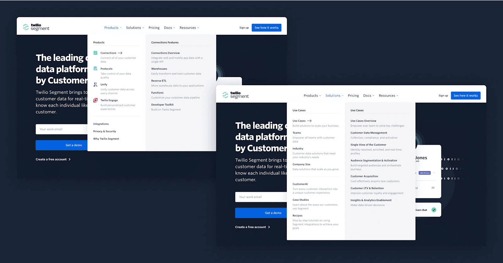 Segment-mega-menu Screenshot of the Twilio Segment website highlighting products, solutions, and customer data management features.