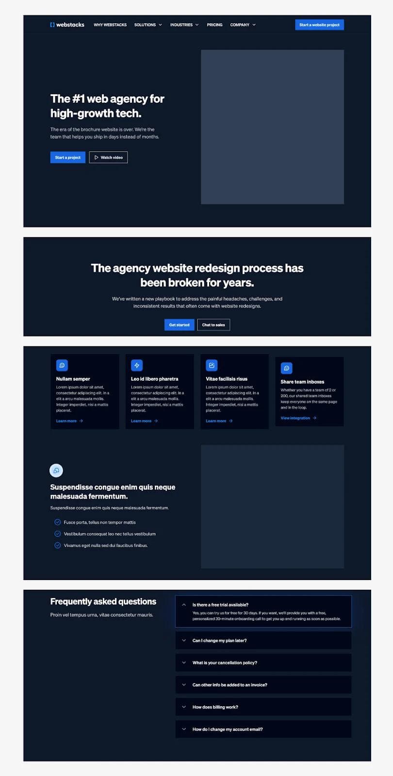 modular-web-design-page-example Webstacks homepage design showcasing agency services and frequently asked questions section on a dark theme.