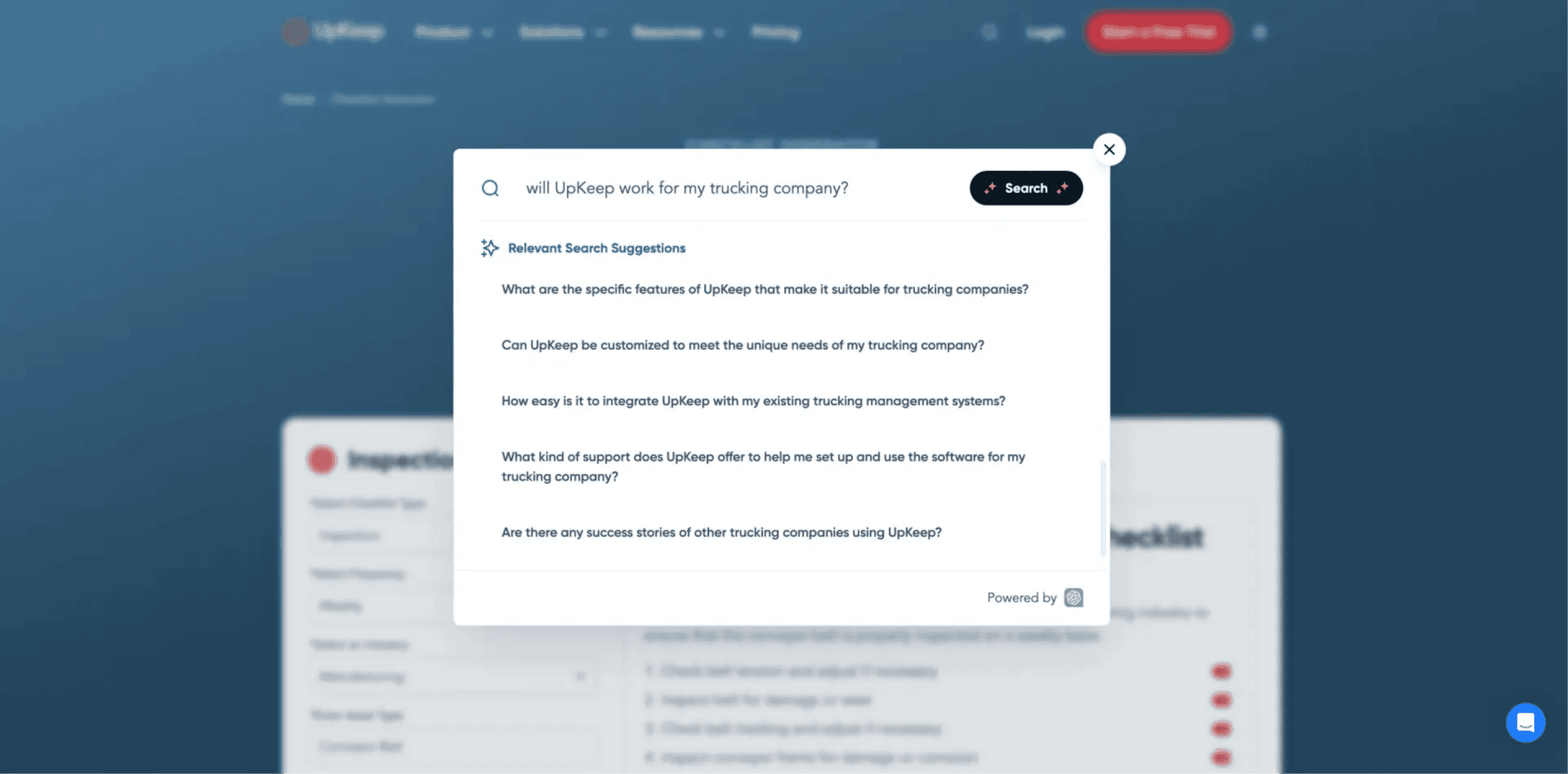 Search suggestions related to using UpKeep software for trucking companies on a web interface.