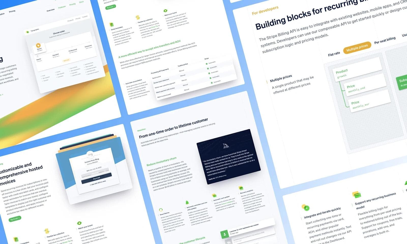 Stripe nav menu Collage of web pages showcasing Stripe Billing API for recurring billing, pricing plans, and customer management features.