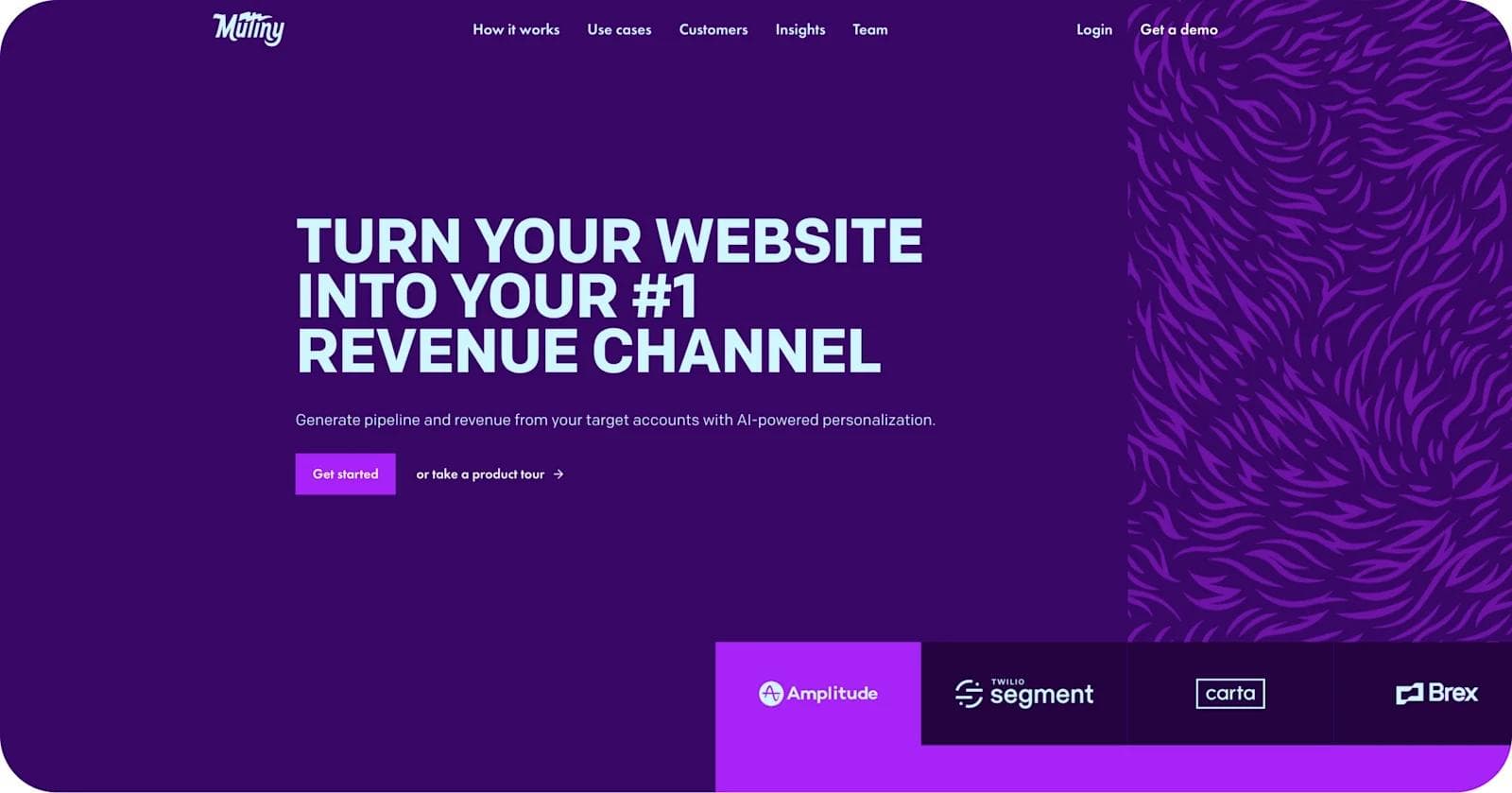 mutiny-homepage-lp Website design promoting revenue generation through AI-powered personalization, featuring a vibrant purple background.