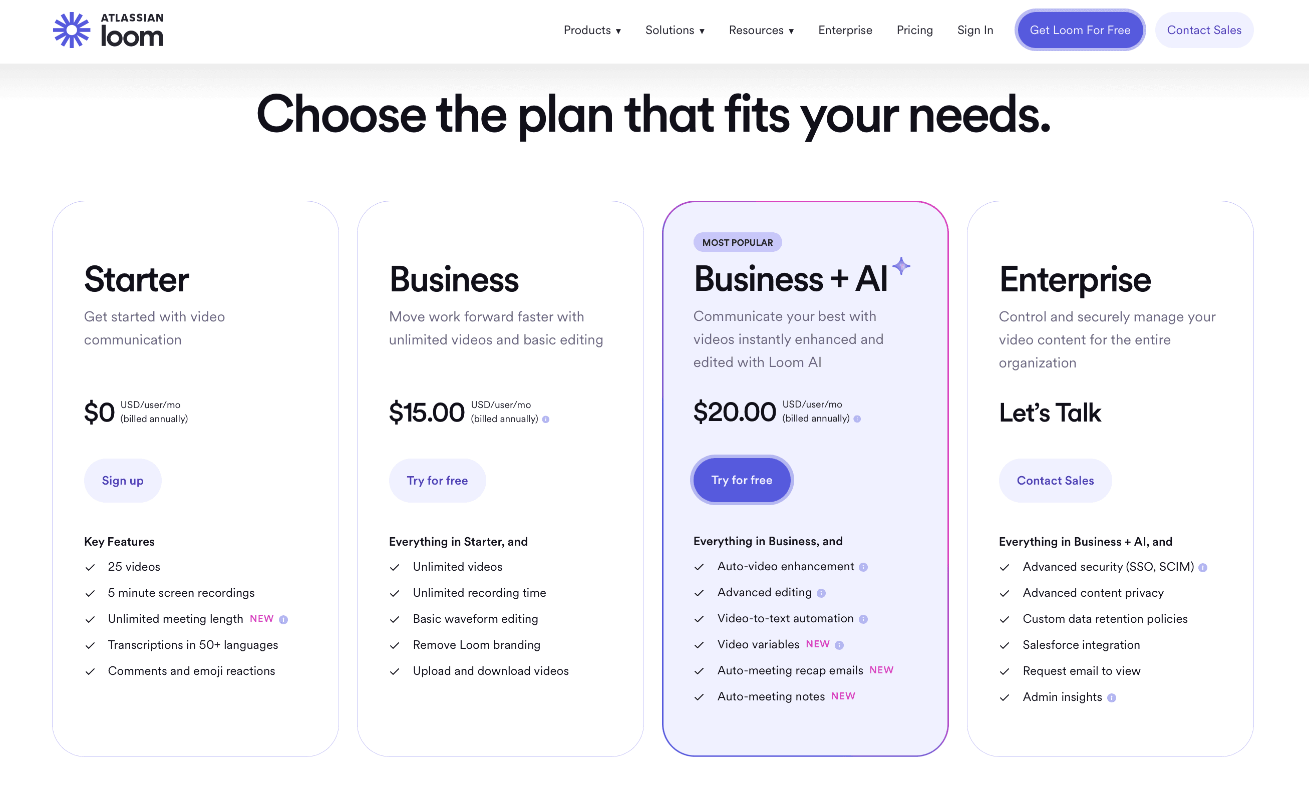 Pricing plans for Atlassian Loom: Starter, Business, Business + AI, and Enterprise with features and costs.