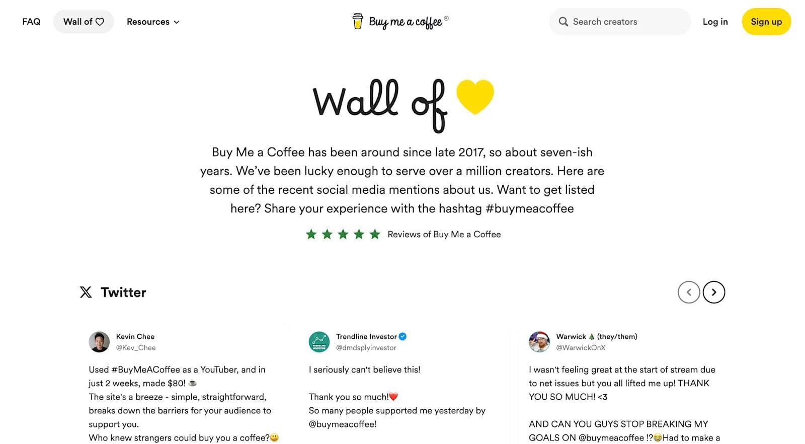 buy me a coffee testimonials Buy Me a Coffee webpage featuring social media reviews and testimonials from users, celebrating creator support and engagement.