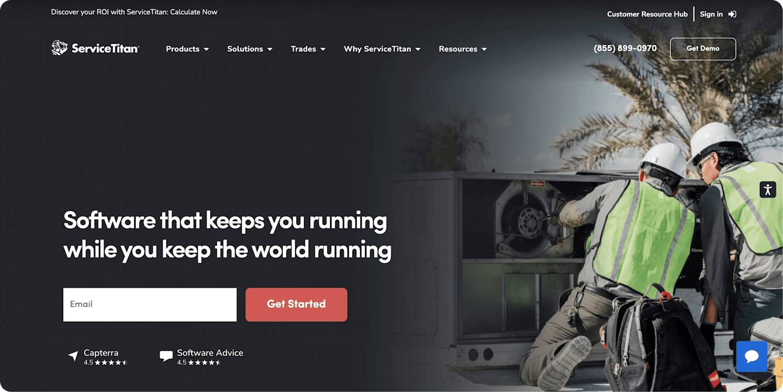 servicetitan homepage Two workers in safety gear inspect machinery on a rooftop, with palm trees in the background and software promotion text.