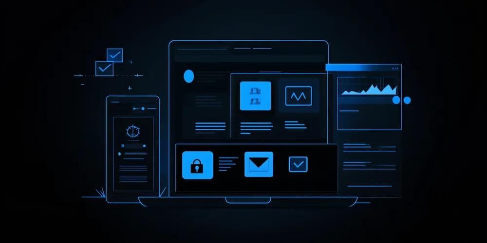 Illustration of digital devices displaying blue-themed interfaces with charts, lock icons, and checklists on a dark background.