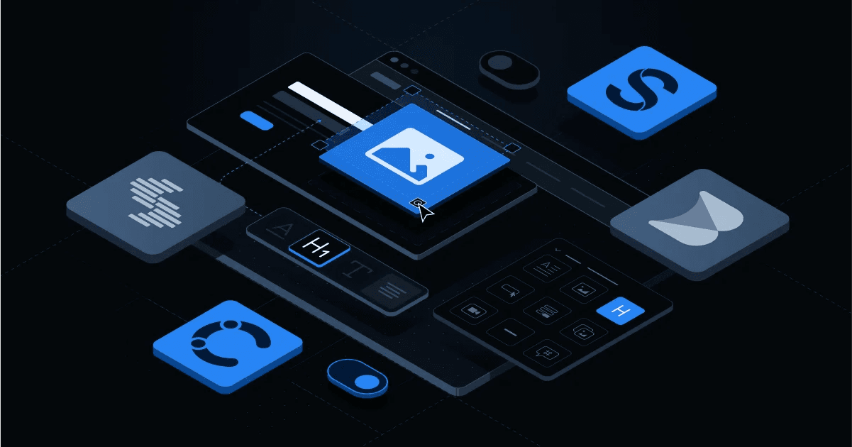 A digital interface featuring various blue icons and tools for design and editing on a dark background.