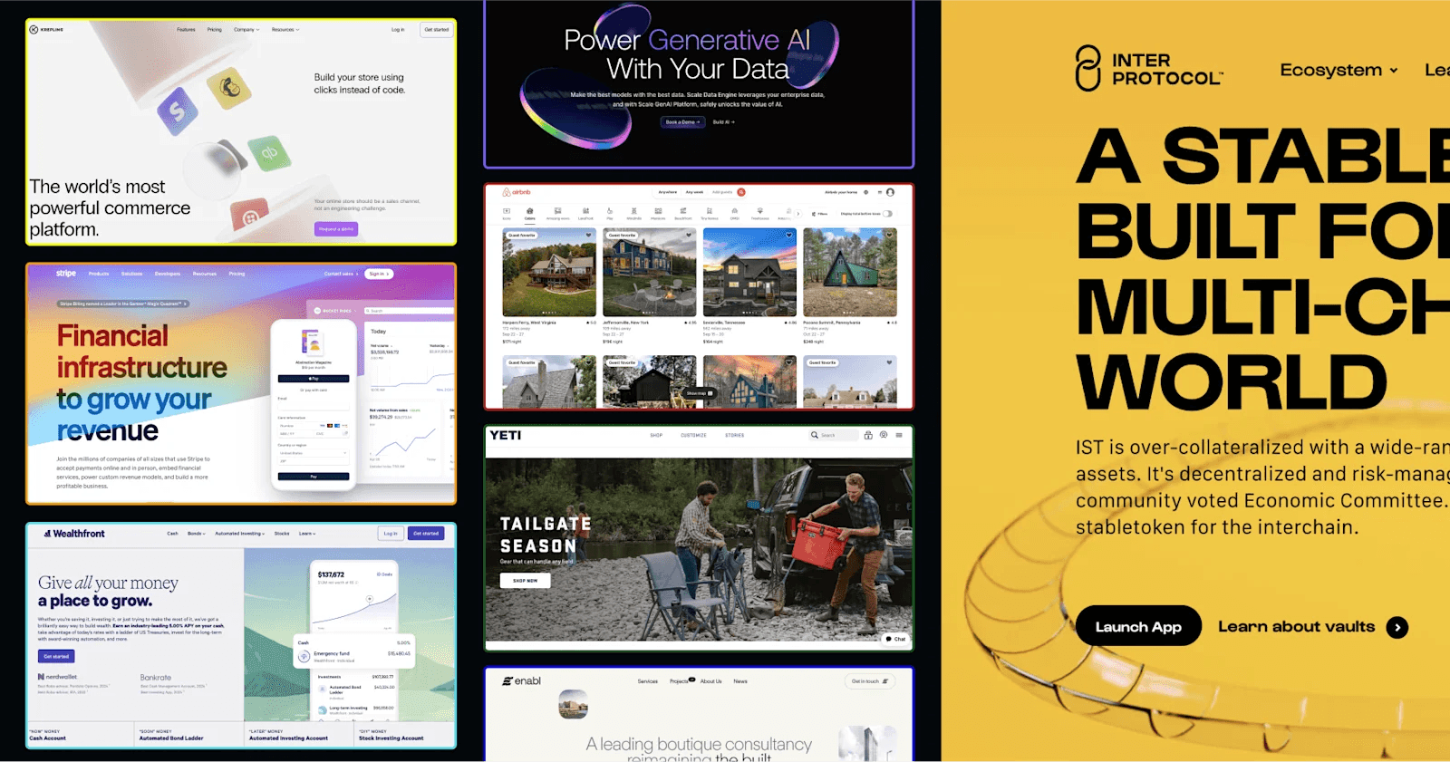 Collage of various website designs featuring commerce, finance, and technology themes.