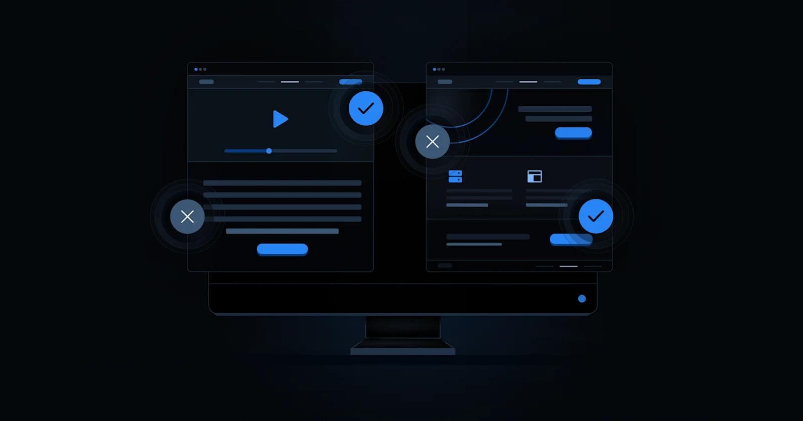 Two digital screens displaying user interface elements on a dark background, featuring checkmarks and interactive buttons.